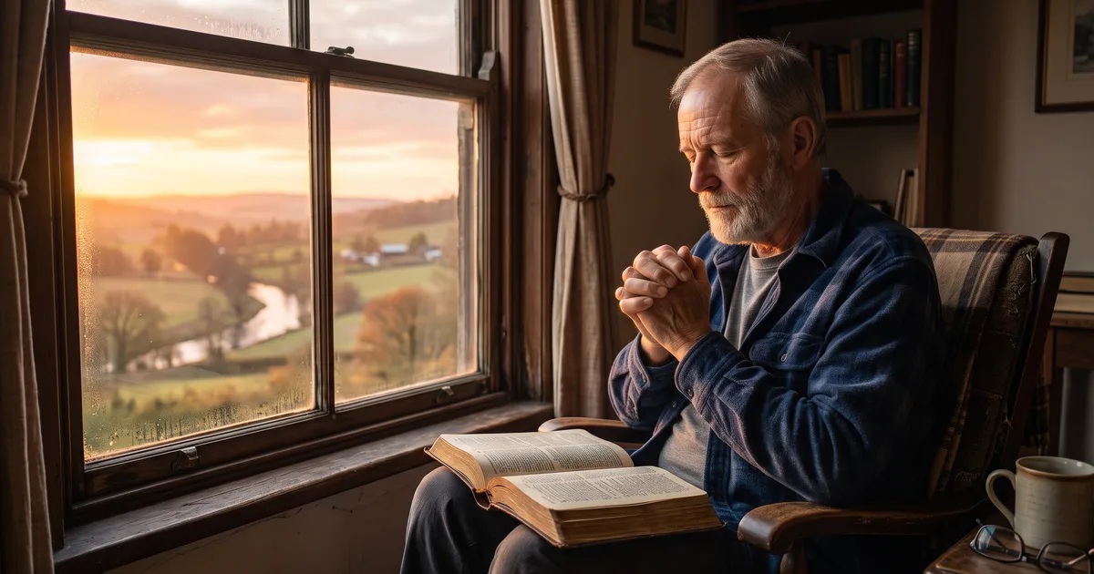 Hombre ventana amanecer oracion leyendo la Biblia